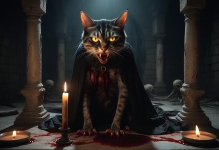 A nightmarish, occult ritual in a dark, decrepit chamber with crumbling stone walls and flickering, blood-soaked candles casting grotesque shadows. In the center, a nightmarish cat, its fur blackened and twisted as if it were rotting, stares directly at the viewer with inhuman, hollow eyes that glow with a sickly, malevolent yellow light. Its body is unnaturally elongated, with jagged, broken bones visible beneath its fur, and its claws are abnormally long, twisted into horrifyingly sharp talons. The cat's face is contorted into an unsettling grin, its mouth twisted in a way that defies nature, revealing rows of sharp, broken teeth. The ritual circle beneath it is smeared with dark, thick blood and sinister runes that pulse with dark energy, glowing faintly as if alive. Around the cat, sinister, shadowy figures cloaked in tattered black robes are performing an unholy chant, their faces obscured by shadows, but their long, skeletal hands extend outward toward the creature. In the background, strange, ancient tomes lie open, filled with incomprehensible symbols. The air is thick with a pungent, decaying smell, and the atmosphere is charged with an unbearable, oppressive sense of dread. The scene is hyper-realistic, with every horrifying detail — the contorted limbs, the bloodstains, the unnatural expression on the cat — painstakingly rendered, creating an overwhelming sense of terror and impending doom