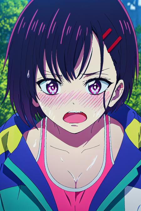 shizuka, short hair, red hairpin, dark purple hair, purple eyes, pink sport bra, colorful jacket, outdoor
high quality, best quality, ultra detailed, masterpiece, 1girl, young woman, big breast, random pose, blush, horny face, eyes up, open mouth, wet mouth, <lora:EMS-51745-EMS:0.800000>