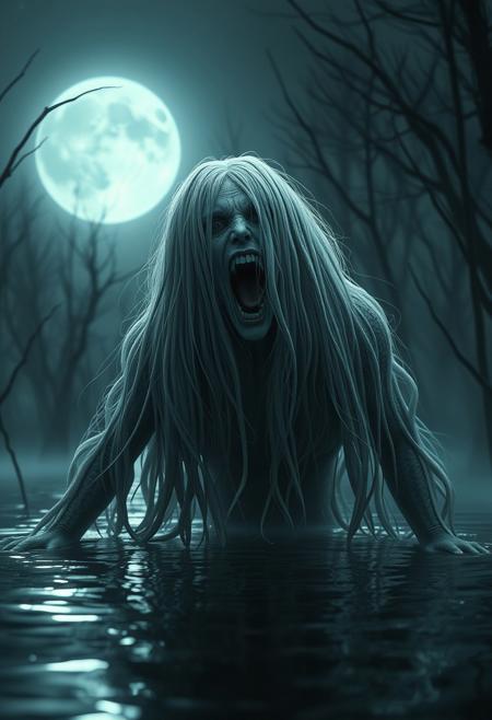 "In a moonlit swamp, a banshee with long white hair and a mouth open in a silent scream is drifting above the water, spreading terror. High definition, eerie and ghostly, detailed textures"High resolution, cinematic, frightening details” photorealistic concept art, soft natural volumetric cinematic perfect light.