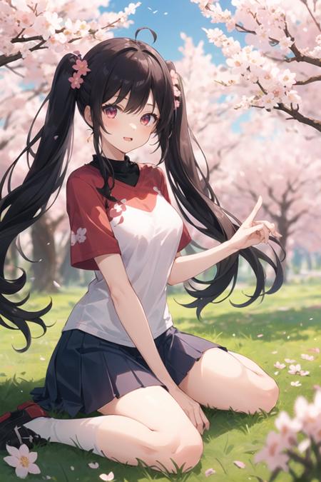 1girl, casual clothes, t-shirt, skirt, twintails, long hair, outdoors, sakura flowers, grass, wariza,  pointing at