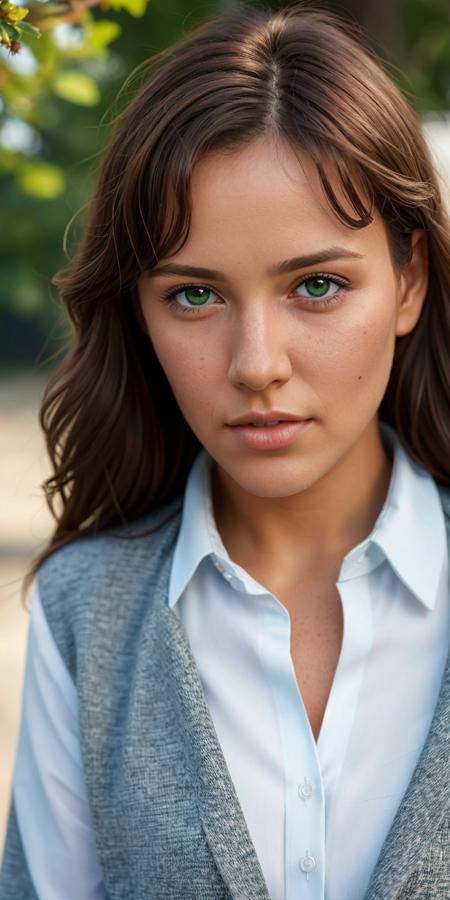 olgdmi, 1girl, solo, long hair, looking at viewer, skirt, brown hair, shirt, school uniform, green eyes, white shirt, outdoors, parted lips, day, tree, sunlight, <lora:olgdmi:0.55>, best quality, ultra high res, (photorealistic:1.4),, high resolution, detailed, raw photo, sharp re, by lee jeffries nikon d850 film stock photograph 4 kodak portra 400 camera f1.6 lens rich colors hyper realistic lifelike texture dramatic lighting unrealengine trending on artstation cinestill 800,, photorealistic, photo, masterpiece, realistic, realism, photorealism, high contrast, photorealistic digital art trending on Artstation 8k HD high definition detailed realistic, detailed, skin texture, hyper detailed, realistic skin texture, armature, ((HD, clear, sharp, in focus))