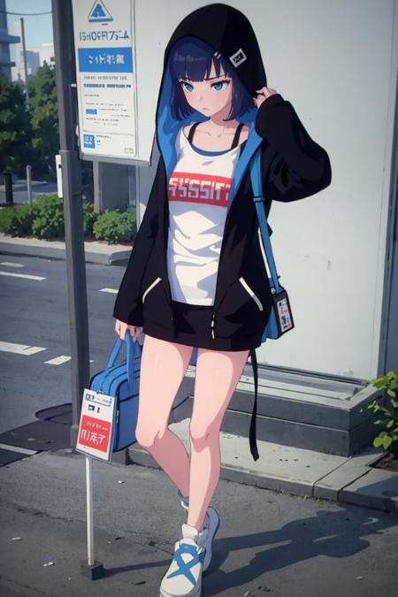 short hair, blunt bangs, blue hair, blue eyes, white shirt, red shirt writing, closed black jacket, black zipper, blue backpack, red keychain, octopus keychain, hood up, white sneakers, bare legs,