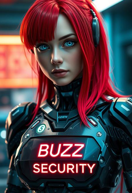 A close up cinematic shot of a female cyborg, RED HAIR, blue eyes, wearing robotic chest bereastplate, looking at the viewer, the word “BUZZ SECURITY” is written on the chestplate in glowing letters, extreme quality, best details, hkstyle, futurisitc labb in background