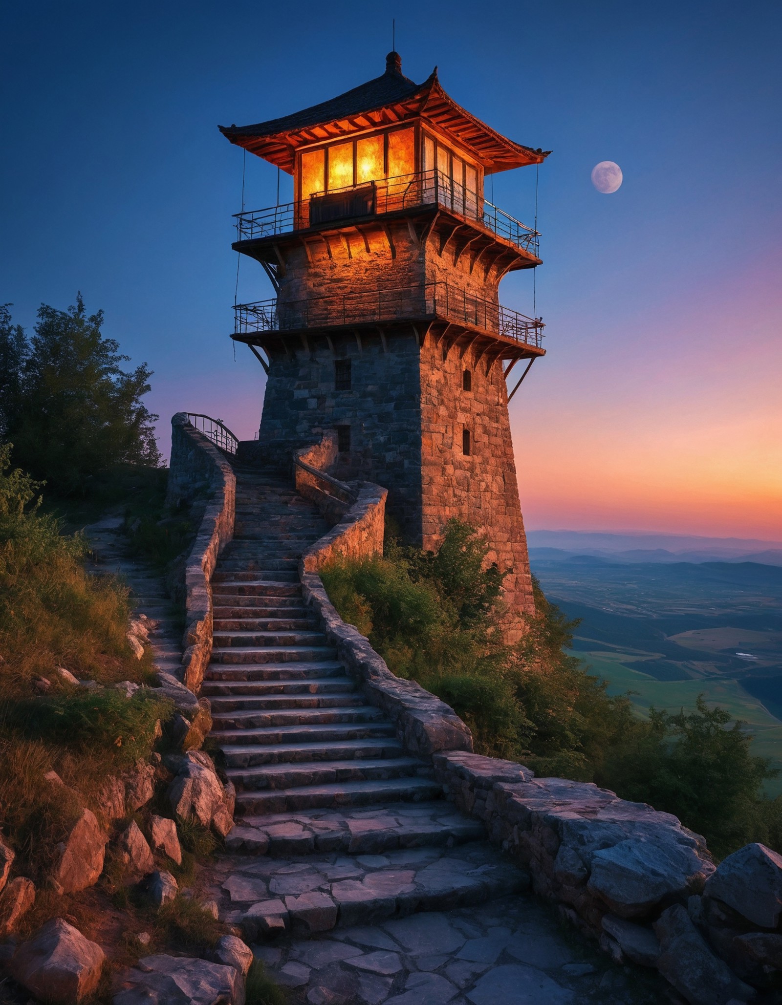 perfect photo of watchtower, beautiful place, extremely detailed, aesthetic, vibrant, evening