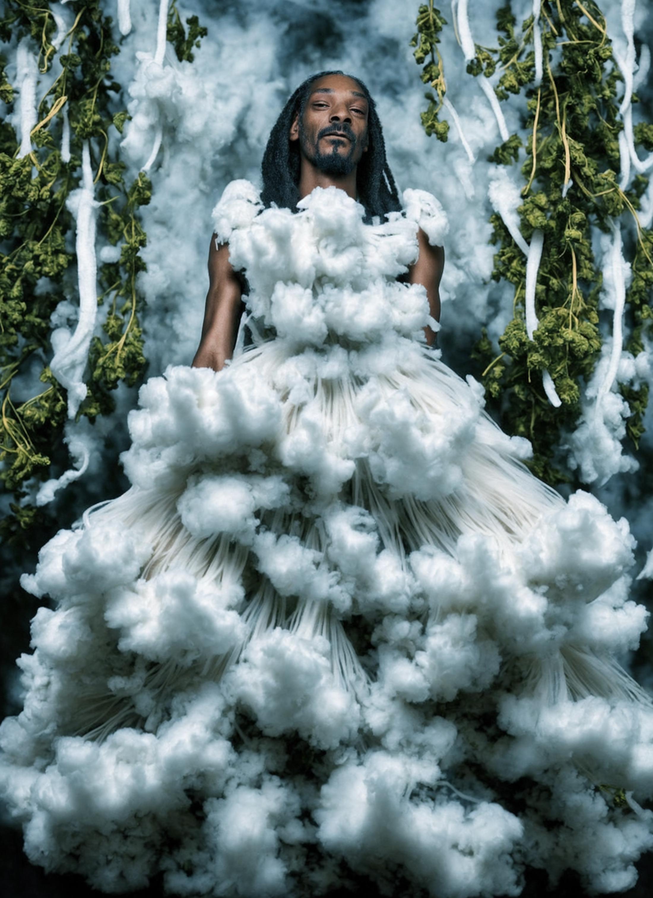 A man in a white dress, possibly a model, is surrounded by a cloud of white cotton or feathers. The dress appears to be made of cotton or white feathers, giving it a unique and interesting appearance. The setting is in front of a backdrop of greenery, adding a touch of nature to the scene.