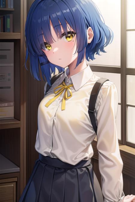 ryouyamada, <lyco:ryouyamada-lyco-nochekaiser:1>, 
ryou yamada, blue hair, eyes visible through hair, mole, mole under eye, short hair, (yellow eyes:1.5), hairclips,
BREAK black pantyhose, black ribbon, blue skirt, brown footwear, loafers, long sleeves, pantyhose, ribbon, school uniform, shimokitazawa high school uniform, shirt, shoes, skirt, white shirt,
BREAK indoors, classroom,
BREAK looking at viewer, (cowboy shot:1.5),
BREAK <lyco:GoodHands-beta2:1>, (masterpiece:1.2), best quality, high resolution, unity 8k wallpaper, (illustration:0.8), (beautiful detailed eyes:1.6), extremely detailed face, perfect lighting, extremely detailed CG, (perfect hands, perfect anatomy),