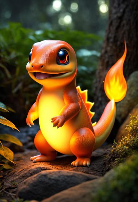 (masterpiece),
charmander in the nature,
dim light, cute, 
light heat effect,
tail on fire,
ultra realistic, HDR, intricate details,