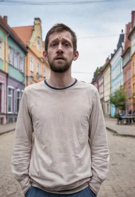 A serbian 30 year old man standing outside in a eastern european town