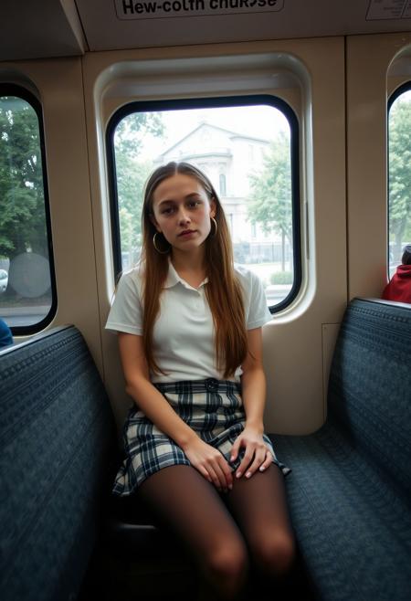 A young woman sits in a public transportation seat, likely a bus or tram.  She is light-skinned with long brown hair and wears a white polo shirt and a plaid mini-skirt, with a visible, light-colored, probably white or light gray, undergarment underneath. Black Pantyhose, She has large hoop earrings. The setting is fairly casual, with the interior of a public transport vehicle showing the interior surfaces and the image looks to be a snapshot, shot by a person seated nearby, not a professional photo.  Some visibility of the exterior is present through the window of the vehicle, with trees and a city scene in the background.  The interior colors are muted, with beige-cream colored walls and the seats, with patterned grayish/blue upholstery.  The image has a slightly voyeuristic feel to it, capturing a moment in a public space. The colors of the image are varied, leaning towards natural tones, with a sense of realism.  Not hyperrealistic, but captures a relatable scene with some detail; somewhere between photorealistic and slightly impressionistic. Spreading legs, confort pose,