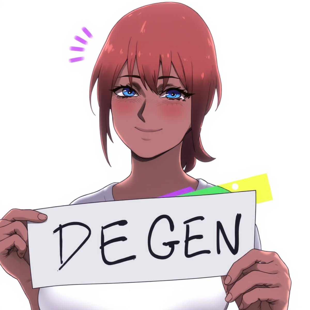 1girl holding a sign that says "DEGEN", blank background, portrait shot, smile, blush <lora:D-ART-18dart5[Flux]:1>