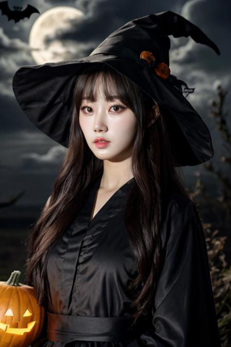 1girl, solo, 4k HDR, realistic, ultra detailed, natural lighting, wearing a witch outfit with long hair, halloween theme background with gloomy pumpkin glowing in the dark and full moon, scattered cloud, asymmetrical wavy long hair, (detailed face), (detailed background :1.1), upper body, wearing witch hat, black shirt under magic pattern robe,