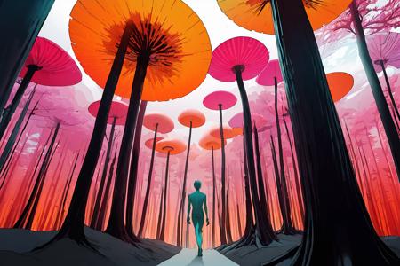 A surrealistic fusion of Reuben Wu's ethereal landscapes with Nick Knight's hyper-realistic models. A Synthetic forest of barcode trees, where creatures with Taro Okamoto's biomechanical limbs frolic and play. The sun sets in vibrant, electric hues, casting long, synthetic shadows that distort the Sharp Focus images of the models. In the distance, a satellite hovers, projecting old school designs onto the landscape, OverallDetail