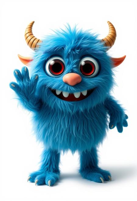 cute adorable, cute, fluffy, blue monster with large, round eyes, small horns, and a wide, toothy smile. The monster should have a friendly and playful appearance, standing on two legs and waving with one hand. The background should be plain white to make the character stand out prominently, creature with large, expressive eyes that capture a sense of wonder and curiosity. The creature's should be soft and illuminate , with shades of white that blend seamlessly with its dark surroundings.