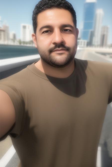 <lora:bogg_dann:0.8>, bogg dann, masterpiece, best quality, 1boy, solo, male focus, shirt, wristwatch, watch, facial hair, outdoors, black hair, closed mouth, short sleeves, realistic, blurry, brown shirt, t-shirt, photo background, sky, towel on one shoulder, towel, striped shirt, taking picture, selfie, close-up, skyscraper, on roof,