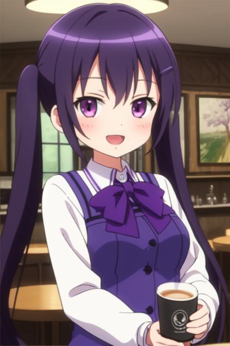 ((((ultra illustrated style:1.0)))),best quality,best animated,masterpiece,,ray tracing, global illumination,1girl, solo,upper body, looking at viewer,cafe, twintails,open mouth,rabbit house uniform,smile, collared shirt, shirt, white shirt, purple vest, purple bow, bow, vest, hair ornament, hairclip, long sleeves, purple bowtie, bowtie, wing collar, buttons, Holding a cup of coffee in hand,<lora:Tedeza Rize:0.6>