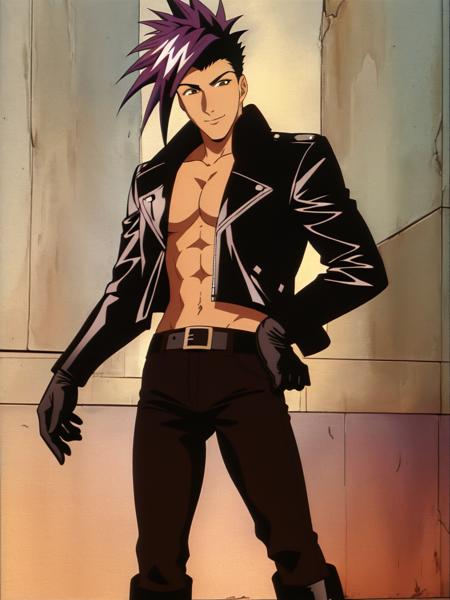 KaidouShinobu multicolored hair two-tone hair spiked hair leather jacket black pants belt black gloves open clothes pectorals