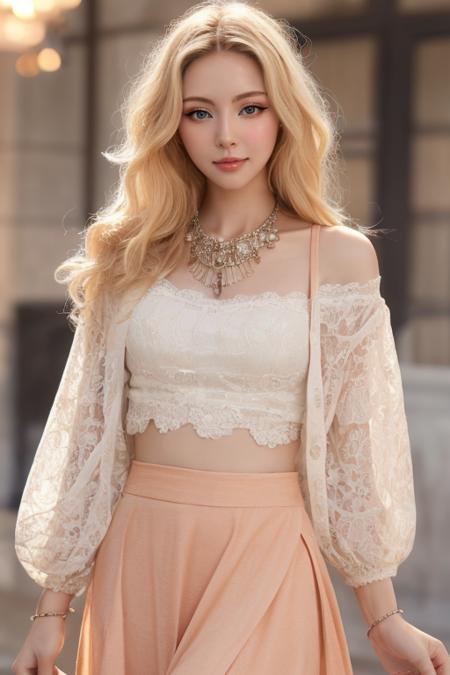 4k, 8k, ultra highres, raw photo in hdr, sharp focus, intricate texture, skin imperfections, realistic, detailed facial features, highly detailed face, posing, standing,perfect lighting, necklace, caucasian women, (fashion),long skirt,<lora:Peachmilky:0.7> Peachmilky1, blonde hair