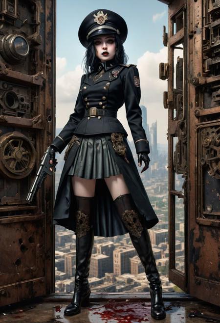 <lora:md2034:0.5> triggering, blood splatter, dystopian
poster_\(medium\),  Intense looking but cute, adorable, and attractive gothgirl with black lipstick and pale makeup, wearing an old looking black militaristic uniform and matching hat, holding a vintage 19th century pistol, stands directly in front of large battle-mechs, with an expansive cityscape in the far distant background, her skirt lifts as she kicks open a door ((above her is an 'it's a glorious future' type emblem)),  (simple_background:1.3), symmetry,(no_humans:1.3),, (masterpiece:1.3), (best_quality:1.3), (ultra_detailed:1.3), 8k, extremely_clear, realism, (ultrarealistic:1.3),, insane details, intricate details, hyperdetailed, ultra detailed, extreme detailed, highest detailed, high_detail, epic, attention getting, hdr, photorealistic, highres, ultra_high_res, photography, aesthetic, extremely_delicate, ng_deepnegative_v1_75t, Ellis-RealismBoost, epiCRealism