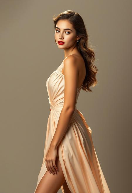 Beautiful female in a stunning light dress,  full body shot, elegant, Red lipstick, very realistic, high detailed, 8k