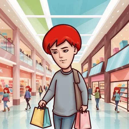 Cute cartoon-style illustration of a man shopping in a large mall. He is casually dressed, browsing through various shops with a shopping bag in hand. The scene is lively, with bright colors and exaggerated expressions, showcasing other shoppers and store displays in the background. The mall is spacious and bustling with activity, featuring storefronts that are whimsically designed, adding to the cartoonish charm,red hair,man, <lora:oniman:0.85>