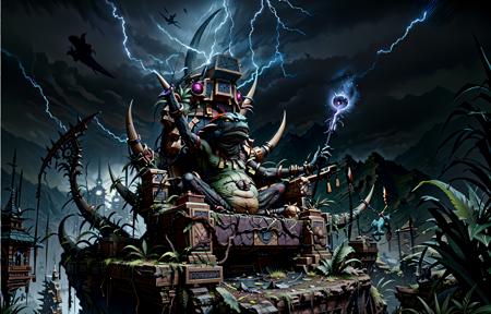 Generate a stunning art style, a true [masterpiece] [best quality] of art. The image showcases [detailed linework], [dynamic shading], and [dramatic lighting], bringing to life a [dreading atmosphere, grim dark coloures] . In the background a [temple city, jungle, warhammer fantasy] is to be seen in [grand:1.8, high-scale:1.8, panorama:1.8] from [from below]. A [thunder storm:1.2, midnight, horror ambiance] is raging.
mage priest is [solo, sitting on floating stone throne, spike ornaments, hanging liana, skink climbing on throne] . It is [holding  scepter in left hand, casting magic]. It is wearing [bangles on arms, wearing ornament]. A  tree trunk with meadow, bird underneath is to be seen in the background.
<lora:whf_slann-000005:1>