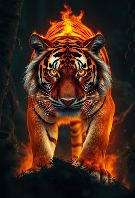 A majestic tiger, burning bright in the dark forests of the night, with eyes that blaze like fire. Its powerful form is a masterpiece of fearful symmetry, crafted by an immortal hand. The tiger's heart beats with a dreadful power, forged in a celestial furnace, as stars weep and the heavens bless its creation.