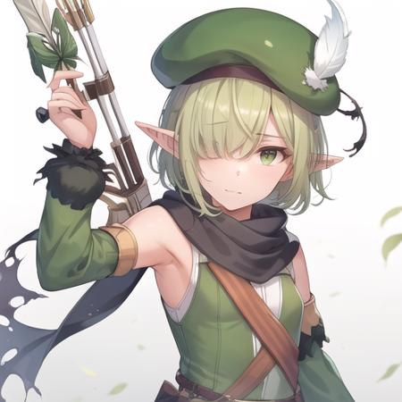 (masterpiece, best quality:1.2),illustration,8k,hd,1girl,upper body,(portrait:1.2),green scarf,pointy ears,elf,hat feather,two-tone shirt,torn scarf,green shirt,detached sleeves,shirt,scarf,solo,holding,hair over one eye,green eyes,white shirt,hat,sleeveless shirt,green sleeves,short hair,green headwear,bow \(weapon\),sleeveless,holding bow \(weapon\),shorts,beret,green hair,thighhighs,weapon,armpits,holding weapon,green thighhighs,striped thighhighs,looking at viewer,vertical-striped thighhighs,arrow \(projectile\),green shorts,small breasts,quiver,feathers,<lora:Futaba Aoi-V0.5:0.7>,