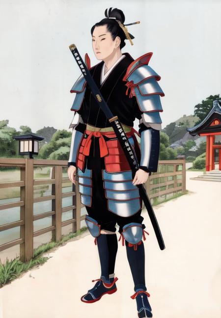 <lora:Shunga:1.0>, 1man, solo, traditional japanse clothes, standing, samurai armor,katana, shealth,