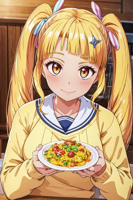 MGCM kokoa, blonde hair, brown eyes, twintails, MGCM school uniform, yellow sweater, long sleeves, red bow, blue skirt, socks, loafers, <lora:MGCM_kokoa_ep15:0.7>, BREAK medium breasts, anmnr, <lora:anmnr01:0.17>, minigirl, apron, beautiful, masterpiece, 8K resolution, extremely detailed face, 1girl, Beautiful woman, 20 years old, eye highlights, upper body, looking at viewer, smile, blush, BREAK (serve food:1.2), BREAK anime background, indoors, dining table, food lined up, tablecloth,<lora:flat2-dim1:-0.5>