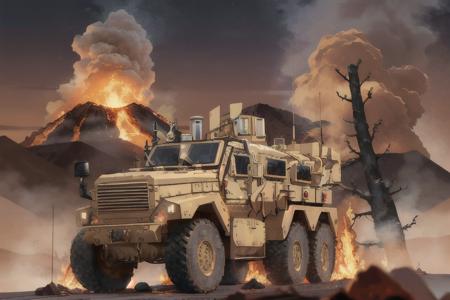 analog (gloomy) (close up shot) photo of a ((6x6 MRAP,  <lora:mr4p:1>)), (surrounded by fire and lava (at night)),  ((nighttime)), volcanic eruption:1.0, sparks, High Detail, Sharp focus, (photorealism), realistic, best quality, 8k, award winning, dramatic lighting, epic, cinematic, masterpiece, rim light, ambient fog:1.3, dutch angle, low angle view, depth of field, rally photography, disaster movie,