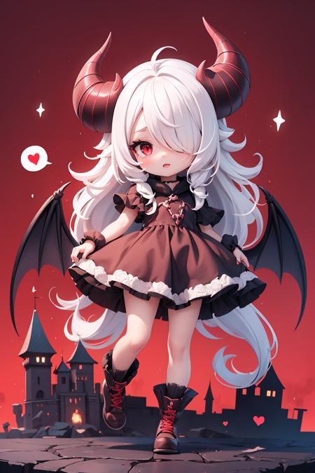 cowboy shot,masterpiece, best quality, absurdres,  (Evil Castle background:1.2), colorful, 1girl, chibi,solo, red eyes, white hair, long hair, hair over one eye, detailed eyes, wide-eyed, eyelashes, looking at viewer, full body, demon horns , bat wings, dress, hand up, demon tail, particles, cute,spoken heart, (red theme:1),<lora:GoodHands-vanilla:1>,