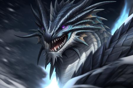 full body,  feral,  head fins,  solo,  Fafurion,  detailed,  bokeh background,  wings,  open mouth,  sharp teeth,  claws,  purple eyes,  tongue, glowing purple eyes,  realistic,  maw,  blizzard,  snow,  dark atmosphere,  intimidating,  claws,  upper,  wings,  wallpaper,  dramatic screenshot,  blue scales,  destruction,  macro,  giant,  roaring,  high_resolution,  epic,  depth of field,  perfect lighting,  (light particles),  (best quality),  (masterpiece),  (ultra detailed),  sharp focus,  light particles,<lora:EMS-274750-EMS:0.800000>