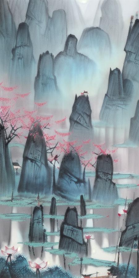 UIASM,Ink painting,1man,kids,Chinese architecture,lake,lotus leaf,lotus,distant mountain,moon,in spring,a tree with red flowers blooming,island,boat,<lora:shuimo1:0.8>,in a meadow,green tree,blue sky,in summer,<lora:UIASM2.0:1>