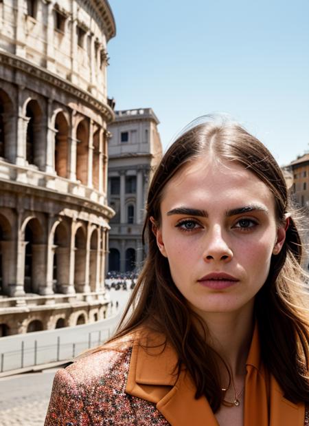 portrait of sks woman in rome, in front of coloseum, by Flora Borsi, style by Flora Borsi, bold, bright colours, ((Flora Borsi)), by Henri Cartier-Bresson, <lora:lora-small-cara-delevigne-v1:1>