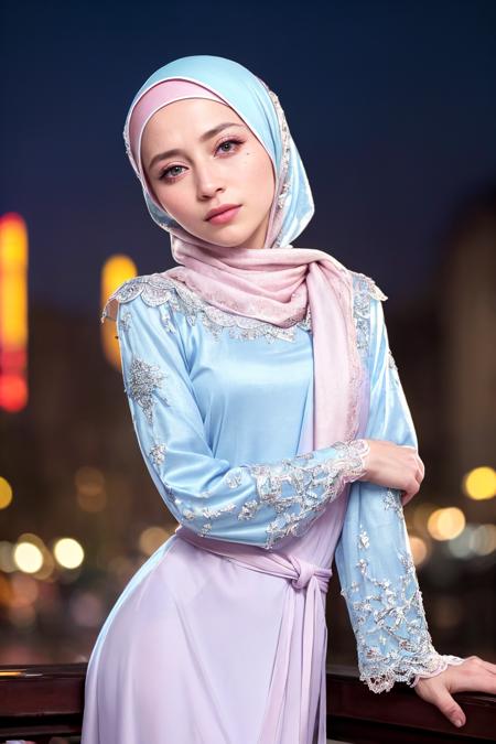 (a photography by cindy sherman)
(halfbody, cowboy shot:1.2), 
(beautiful girl, make up, russian, caucasian, pale skin, blue eyes), (Age 21), 
(Shrug Hijab:1.2), long sleeves robes intricated batik, pink, white, long pants,
 32k resolution, stereogram, looking at viewer, 
(RAW Photo, cg unity, photography, ultra realistic details, sharp focus, detailed skin,4k, high-res, masterpiece, best quality, realistic, photorealistic:1.2),
(8k,4k, UHD, high resolution, professional, cinematic, movie, dramatic), 
(Hanoi, Vietnam at evening:1.2), (anamorphic depth of field blur background), detailed background,