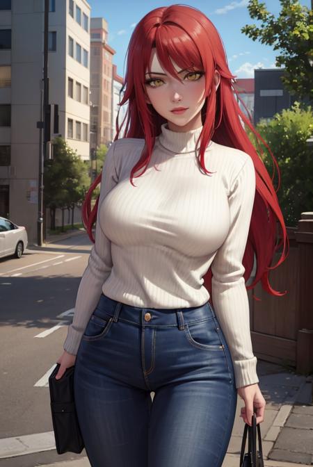 masterpiece, (best quality), 1woman,1girl ,kawasegawa_eiko1,  red hair , yellow eyes,long hair,young woman  ,best quality ,white sweater,oversized sweater, jeans, vibrant colors ,natural lighting  ,RTX,  medium breasts, beautiful, (detailed face:1.2), showcase, ,(photorealistic:1.0), 8k uhd,  looking a viewer,  outdoors,  beautiful backround, simple backround