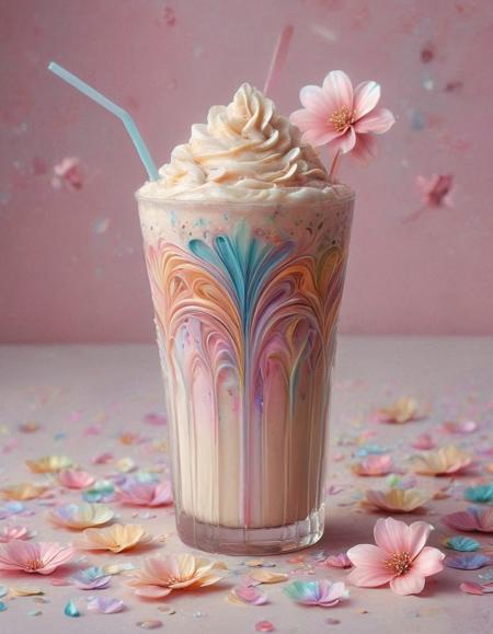sakura cream milk ice shake frappe, p1nk1r1fl0wers, made out of iridescent flower petals, high quality, masterpiece <lora:PinkieIriFlwrsSDXL:1>