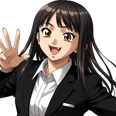 MaiMorisaki,1girl,black hair,long hair,brown eyes, business_suit,jacket, black skirt, pantyhose,