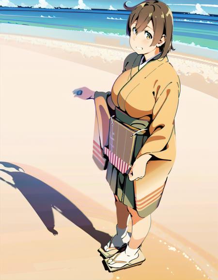 dynamic angle, masterpiece, best quality, anime screencap eyecatch, solo, looking at viewer, feet out of frame view of 1girl standing up facing viewer over a detailed illustration of a beach, hiryuuchan, (one side up:1.22) brown hair, brown eyes, orange kimono with wide furisode sleeves, cute, pixiv, best lighting, finely detailed eyes, depth of field, Japanese clothing, white socks, japanese geta sandals, large breasts, (red stripes:0.6), both hands visible <lora:hiryuu_counterfeitxla_1-08:0.9>
BREAK green hakama, hakama short skirt, miniskirt