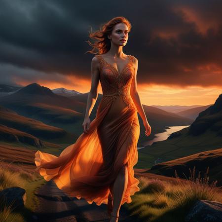 Ultra realistic color pencil  image a beautiful woman running through the Scottish highlands in a very long flowing cocktail dress, in the sunset,
BREAK
Deep dark intense dark organge misty background, Dark theme, dynamic lighting, (soft shadows), (soft focus), (photo realistic), uhd, 8k