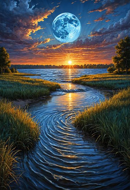 art by Phil Koch, Meghan Howland blue moon Digital ral-epochelves Illustration of a summer scape sunset luminism, Fantastic Realism complex background, dynamic lighting, digital painting, highly detailed intricated