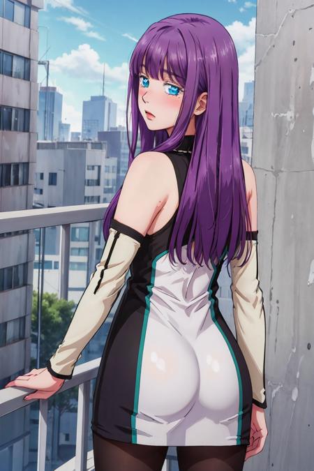 best quality, masterpiece, 1girl, <lora:mira_suou_omni_v1:0.7>mira suou, blush, purple hair, blue eyes, detached sleeves, pantyhose, on a balcony, from behind, looking back, <lora:more_details:0.2>