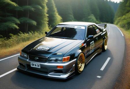 fcNeg, "Create a vivid scene featuring a Toyota Mark 2 JZX90 drift car parked along an asphalt road amidst a dense forest. Capture the wide shot from the front, emphasizing the car's wide body, low profile, and meticulous detailing on the badges, intricate castings, decals, and drift modifications. Highlight the full body and front profile of the vehicle under the soft light of the setting sun, showcasing the fine details of the car's appearance, including drift-specific enhancements. Aim to produce a visually compelling image that effectively portrays both the vehicle's detailed elements and the captivating forest backdrop suitable for VFXFriday."