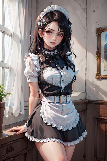 Highly detailed, High Quality, Masterpiece, beautiful, solo, 1girl, nevin, red eyes,  <lora:Nevin:0.8>, maid, maid headdress, maid apron, arms behind back,