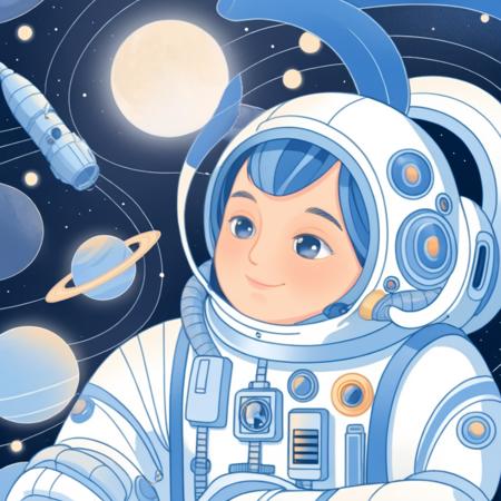 solo, spacesuit, astronaut, spacecraft, 1boy, male focus, blue hair, moon, star (sky), space helmet, blue eyes, smile, sky, rocket, cloud, upper body, helmet, holding, planet, hand up, blush, <lora:RXS_1-000015:0.8>,RXS,