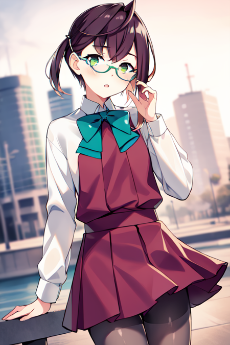 okinamiKC, green eyes,1girl, solo, short hair,shirt,dress, school uniform, white shirt, pantyhose, glasses