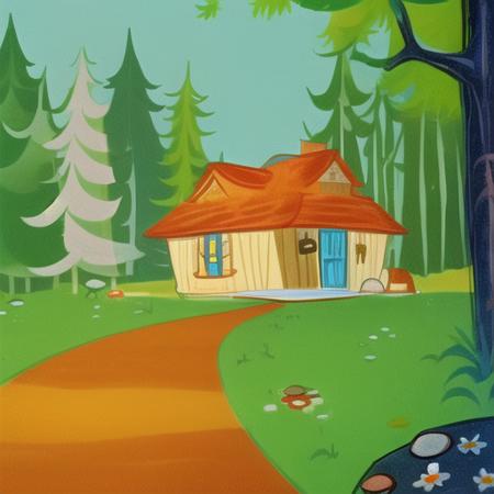 <lora:hannabarberan:1> hanna barbera, stylized,  home, pathway, nature, scenery, outdoors, forest, flowers, grass, cottage, cozy