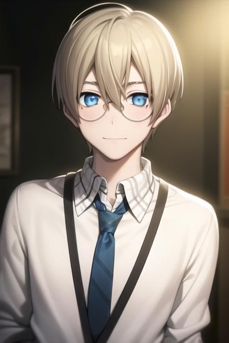 masterpiece, best quality, high quality, 1boy, solo, male focus, looking at viewer, upper body, <lora:william_macbeth:0.72>, william_macbeth, blonde hair, glasses, blue eyes, , formal, necktie, dress shirt