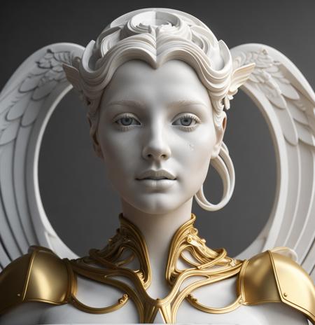 A statue made of white marble with gold veins, of an beautiful gorgeous futuristic cybernetic angel girl, prostheses, transhumanism, full body shot, perfect symmetrical body, perfect symmetrical face, hyper realistic, hyper detailed, by Johansen voss, by peter kemp, by monia merlo, by michelangelo, octane render, blender, 8 k