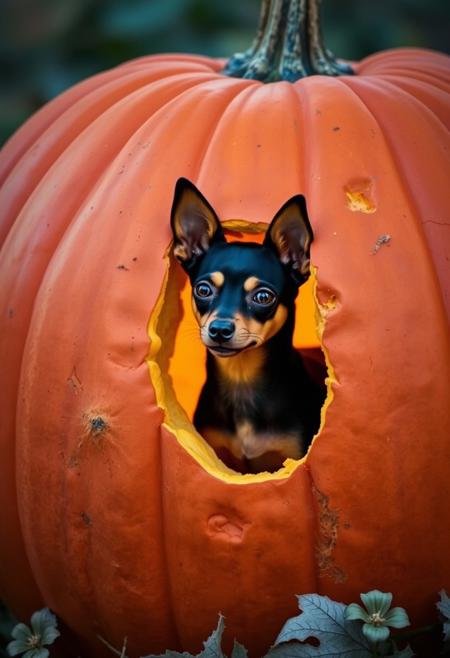 Miniature Pinscher in a giant punpkin, Shy Miniature Pinscher. The miniature Pinscher is barely visible, only his head are partially out of a hole in the pumpkin. Full pumpkin